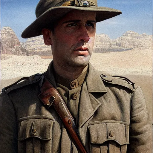 Image similar to a detailed photorealistic muted - color portrait painting of a 1 9 1 7 worried clean - shaven british lieutenant in field gear from the arab bureau in wadi rum, ultra realistic, intricate details, atmospheric, dark, brooding, highly detailed, by clyde caldwell