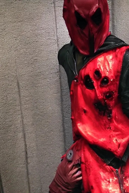 Image similar to red hood cosplay, creepy, disturbing, bloody, darkness, grainy