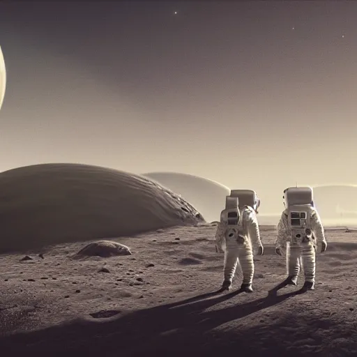 Prompt: two astronaut kids on the surface of the moon with a biosphere in the distance in the style of stalenhag, render, VRay, octane, beige and white color scheme, 8K