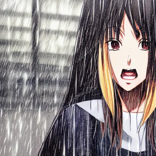 Image similar to anime headshot portrait of young yelling girl on bus station in rain by makoto sinkai, fine details