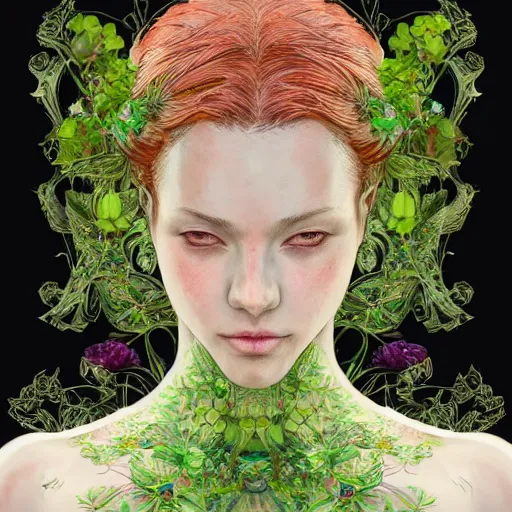 Image similar to the portrait of an absurdly beautiful, graceful, elegant, young woman made of strawberries and green petals looking up, an ultrafine hyperdetailed illustration by kim jung gi, irakli nadar, intricate linework, bright colors, octopath traveler, final fantasy, angular, unreal engine 5 highly rendered, global illumination, radiant light, detailed and intricate environment