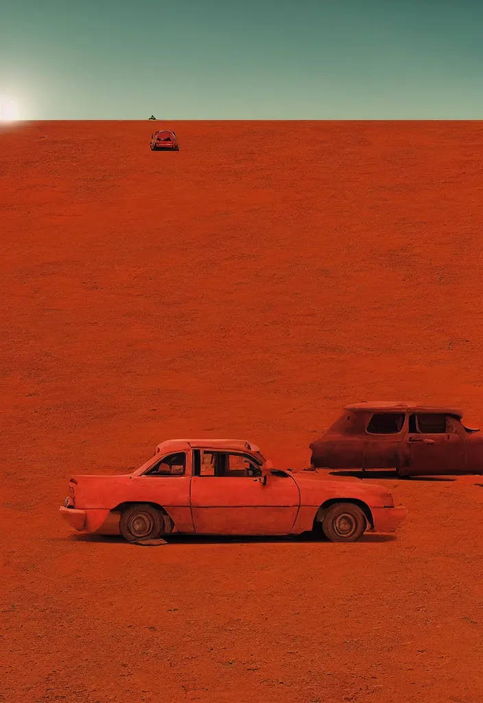 Image similar to “a red car is parked in the middle of the desert, a matte painting by Scarlett Hooft Graafland, featured on unsplash, australian tonalism, anamorphic lens flare, cinematic lighting, rendered in unreal engine”