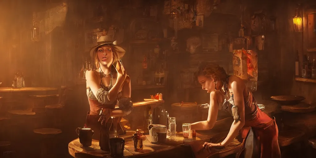 Prompt: an environmental concept art of a female cowboy, getting a drink in the saloon, highly detailed, cinematic, dramatic lighting, close shot by francis tneh