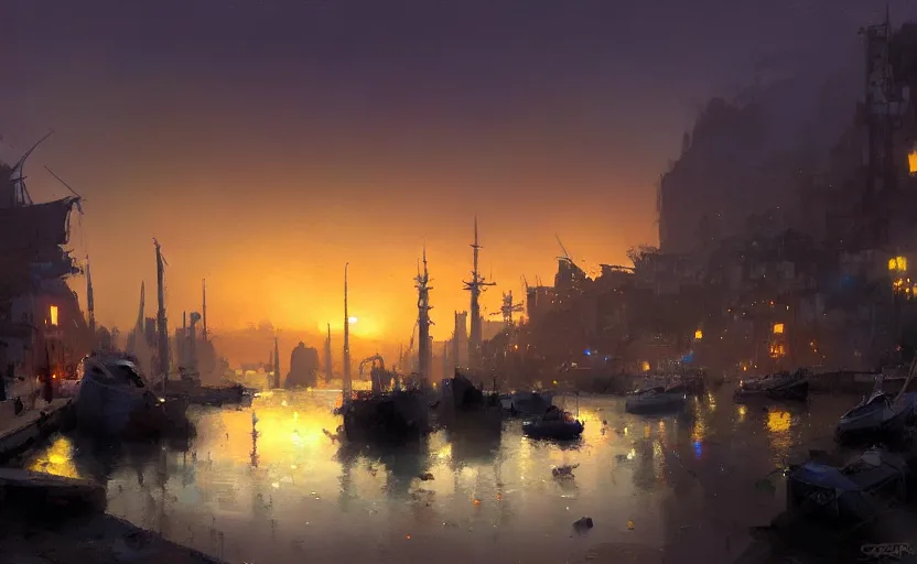 Image similar to an old harbour at dusk by greg ruthkowski and craig mullins