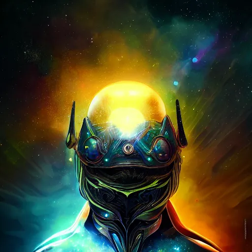 Image similar to photorealistic fantasy cosmic concept art of a cosmic god with armor made out of planets and dark matter, hovering in a unknown galaxy, fully body portrait, cinematic, dynamic lighting, ultra detailed, creative, trending on art station, stunning visuals, creative