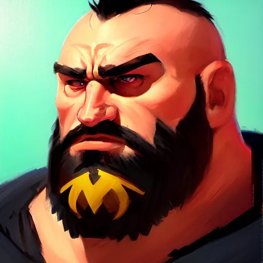 Image similar to Greg Manchess portrait painting of Zangief as Overwatch character, medium shot, asymmetrical, profile picture, Organic Painting, sunny day, Matte Painting, bold shapes, hard edges, street art, trending on artstation, by Huang Guangjian and Gil Elvgren and Sachin Teng