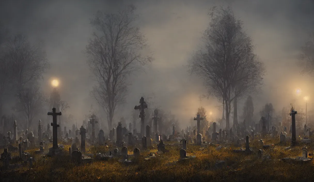 Prompt: a beautiful painting of a graveyard, cinematic angle, studio lighting, movie concept, trending on artstation, octane render, 8 k, ultra high detail