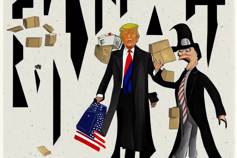 Image similar to 2 d poster illlustration donald trump and donald trump wearing trenchcoats and black spy hats, stacks of boxes everywhere and a safe broken open for the movie spy vs spy