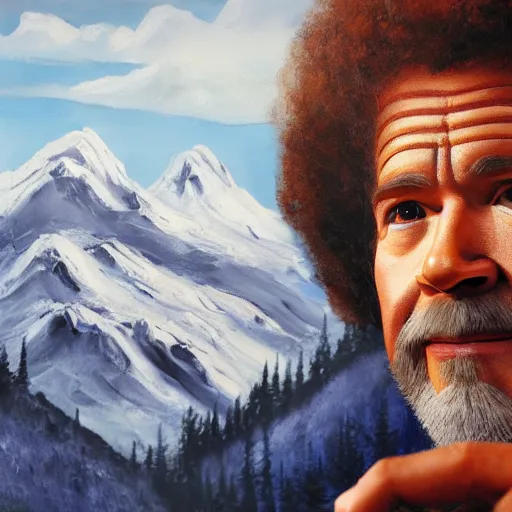 Image similar to a closeup photorealistic photograph of bob ross holding a paintbrush and diligently finishing a canvas painting of iron man. mountains and trees. film still. brightly lit scene. this 4 k hd image is trending on artstation, featured on behance, well - rendered, extra crisp, features intricate detail, epic composition and the style of unreal engine.