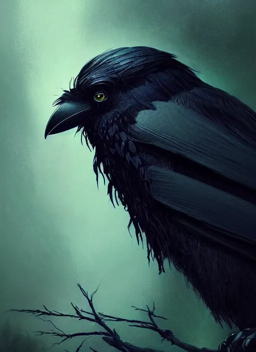 Image similar to side portrait dark crow (animal), close-up, fantasy forest landscape, moonshine, fantasy magic, nice black feather, proud, green dark light night, intricate, elegant, sharp focus, illustration, highly detailed, digital painting, concept art, matte, art by WLOP and Artgerm and Greg Rutkowski and Eddie Mendoza, masterpiece