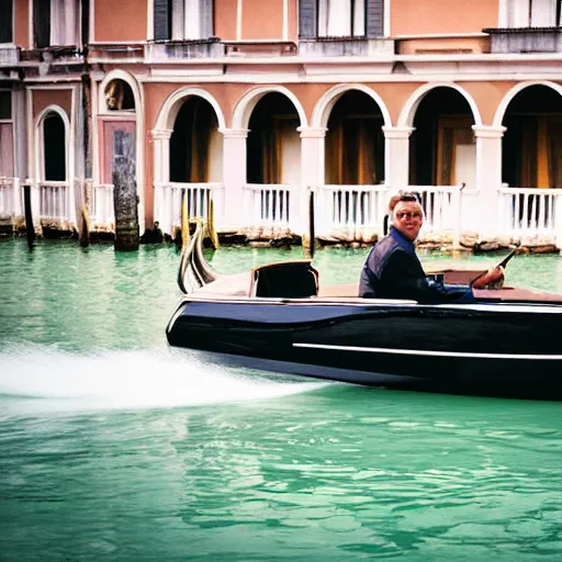 Prompt: a fashionable man driving a riva boat around the the venetian lagoon. kodak portra film photograph. fine art photography. cinematography inspired composition