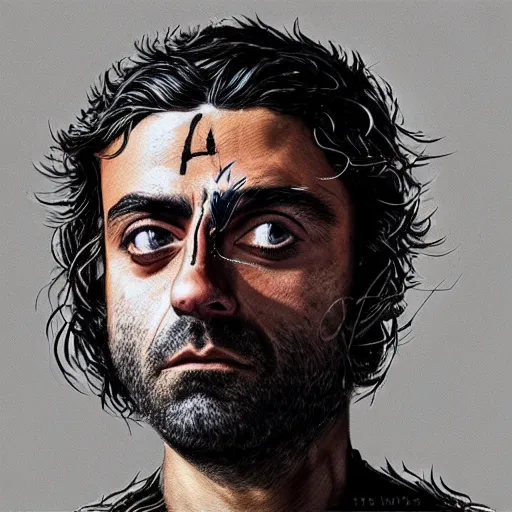 Image similar to “Oscar Isaac portrait, dystopia core, hyperrealistic, apocalyptic, highly detailed exoskeleton armor, dramatic, sharp focus, hero, gape, epic, perfectly symmetrical face, perfect eyes, intricate, elegant, digital painting, concept art”