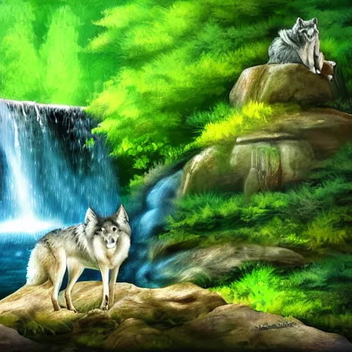 Prompt: Wolf sitting on rock in forest landscape with waterfall over pond, whimsical digital painting in the style of jacqueline wall