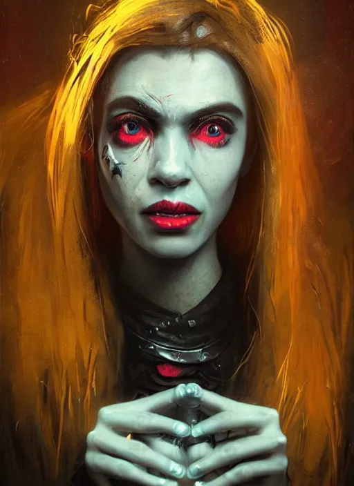 Image similar to portrait of sinister girl with pouty aerochrome lips, skeksis, unforgivable, cute bandaid on nose!!, expressive eyes, full body, deathly skin, greg rutkowski, charlie bowater, yuumei, stephen gammell, unreal 5, daz, hyperrealistic, octane render, rpg portrait, dynamic lighting, fantasy art, beautiful face