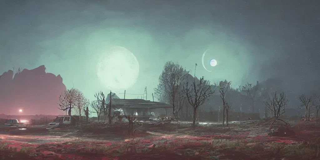 Image similar to abandoned civilisation at night, moonlight lighting, landscape painted by simon stalenhag