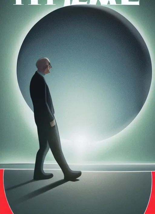 Image similar to the cover of time magazine with a man standing in front of a planet, poster art by Emiliano Ponzi, trending on cg society, private press, sci-fi, elite, cosmic horror