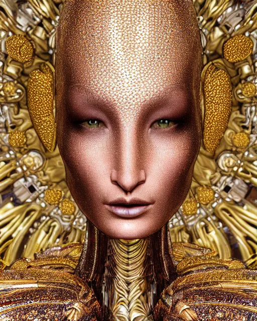 Image similar to a highly detailed metahuman 4 k close up render of an alien goddess bella hadid as alien in iris van herpen dress schiaparelli in diamonds crystals swarovski and jewelry iridescent in style of alphonse mucha gustav klimt trending on artstation made in unreal engine 4