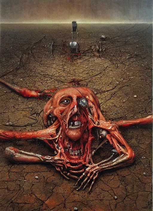 Image similar to painting of disturbing guy fieri lying on concrete ground, decrepit, corpse-like, by jon hale, beksinski, giger