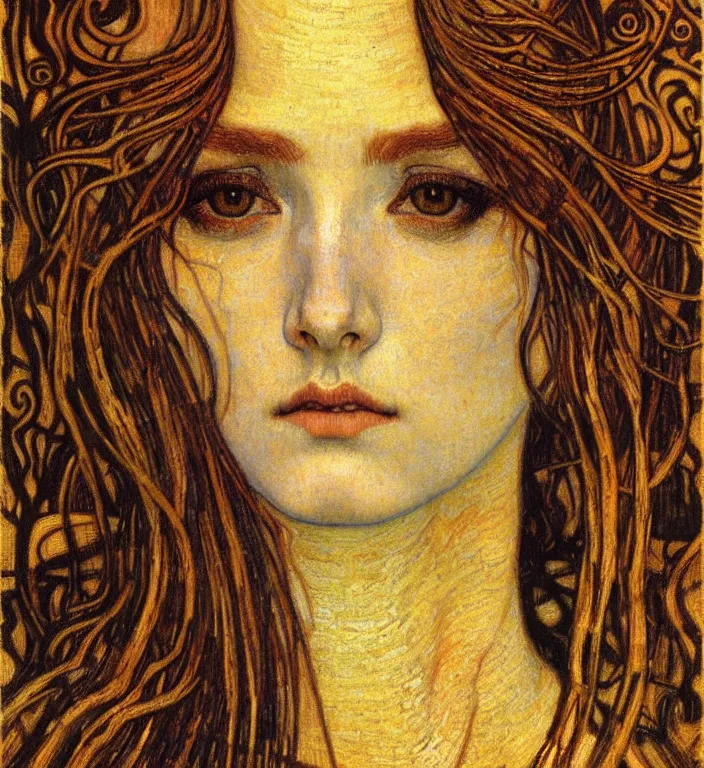 Image similar to detailed realistic beautiful young medieval queen face portrait by jean delville, gustav klimt and vincent van gogh, art nouveau, symbolist, visionary, gothic, pre - raphaelite, muted earthy colors, desaturated