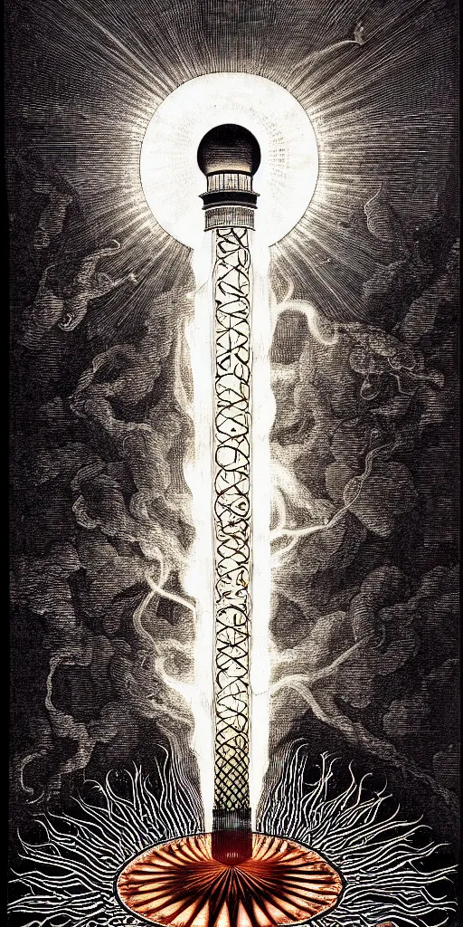 Prompt: an alchemical fiery lighthouse radiates a unique canto'as above so below'while being ignited by the spirit of haeckel and robert fludd, breakthrough is iminent, glory be to the magic within, in honor of saturn, dramtic lighting painted by ronny khalil