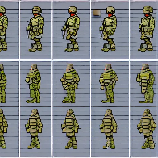 Prompt: A sprite sheet for a soldier walking with a gun