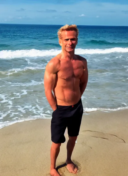 Image similar to professional photo of masculine and brutal bart simpson on the beach at noonday, blur background