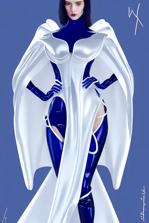 Image similar to detailed beautiful noun in opened white gold blue coat, seductive confident pose, attractive feminine curves, intricate details, futuristic, alien, elegant cape, elegant, photorealism, trending on artstation, holy halo, advanced technology, art by moebius and vitaly bulgarov and chanthara