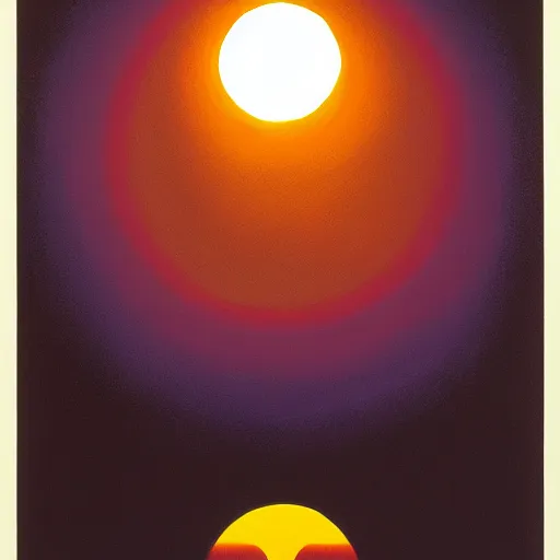 Image similar to guy billout painting. the sun has a face with many eyes and teeth. seen through the fog