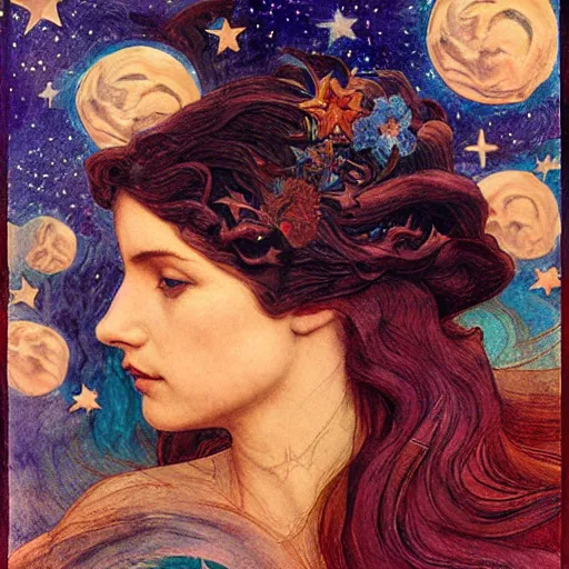 Image similar to queen of the moon with stars in her hair, by annie swynnerton and tino rodriguez and nicholas roerich and lucien freud and jean delville and charlie bowater, dramatic lighting, floral tattoos, rich colors, smooth sharp focus, extremely detailed, adolf wolfli