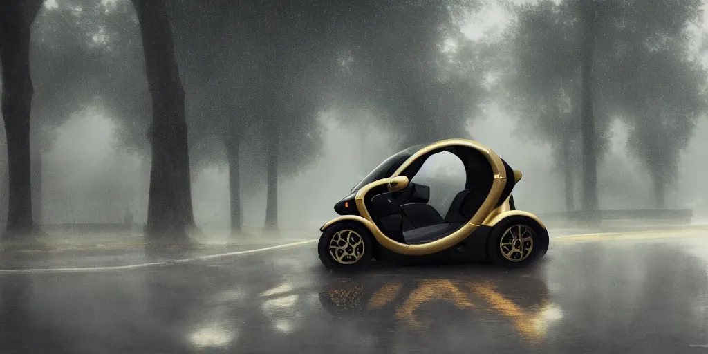 Prompt: parked renault twizy, fog, rain, volumetric lighting, beautiful, golden hour, sharp focus, highly detailed, cgsociety