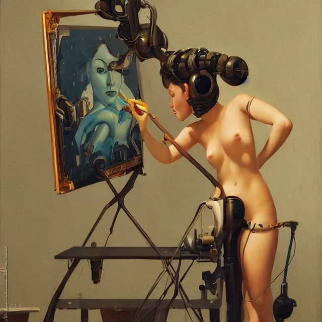 Prompt: robot artist painting a self - portrait on a canvas. intricate, highly detailed, digital matte painting in the style of sachin teng, and in the style of hans thoma, and in the style of gil elvgren. irony, recursion, inspiration.