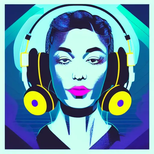 Image similar to a close up of a female face with headphones and retro colours, synthwave style, 2d digital vector art