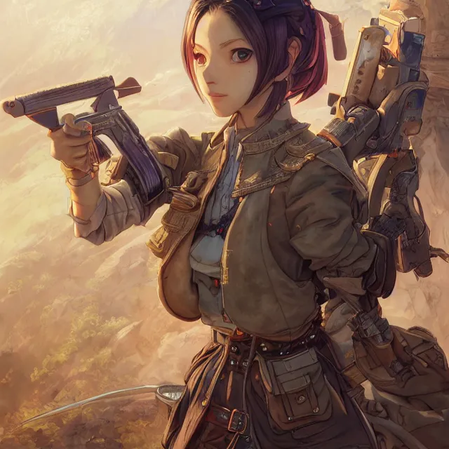 Image similar to the portrait of lawful neutral semi - colorful female infantry gunner as absurdly beautiful, gorgeous, elegant, young anime girl, an ultrafine hyperdetailed illustration by kim jung gi, irakli nadar, intricate linework, bright colors, octopath traveler, final fantasy, unreal engine 5 highly rendered, global illumination, radiant light, detailed and intricate environment