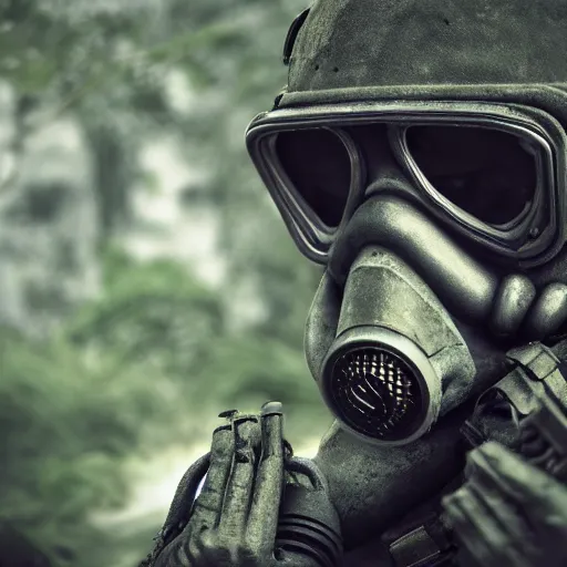 Image similar to a heavily armored man wearing a gasmask, in the jungle, realistic octane render, high detaul