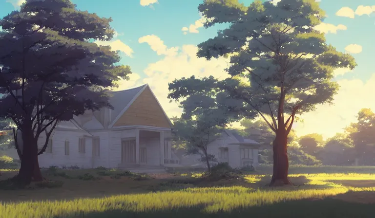 Prompt: A serene landscape with a singular building in the style of Makoto Shinkai.