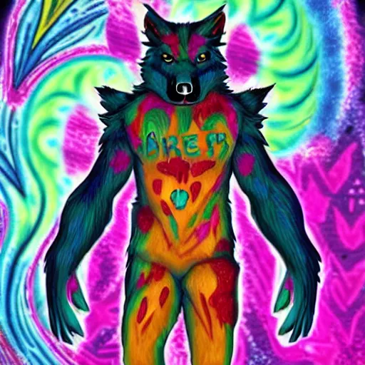 Prompt: a werewolf covered in blood in the style of lisa frank