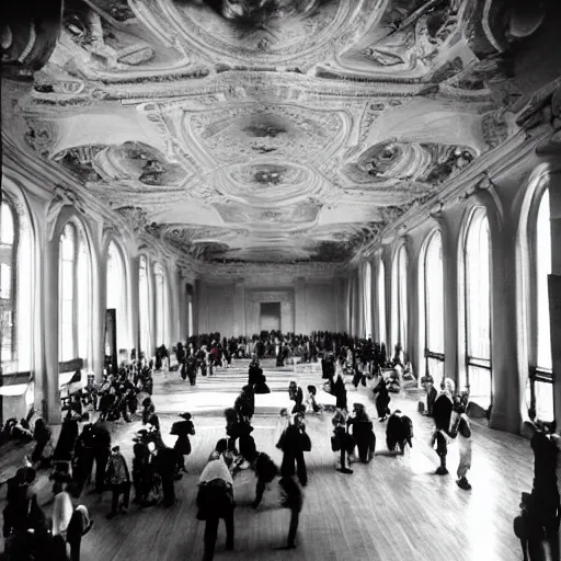 Image similar to A beautiful photograph of a large room with many people in it. There is a lot of activity going on, with people talking and moving around. The room is ornately decorated and there is a large window at one end. by Bruce Davidson