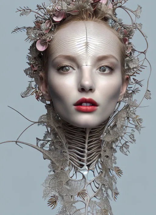 Prompt: complex 3d render ultra detailed of a beautiful porcelain profile woman face, mechanical cyborg, 150 mm, beautiful natural soft light, rim light, silver gold details, mechanical magnolia and ghost orchid big leaves and stems, roots, fine foliage lace, maze like, mesh wire, intricate details, hyperrealistic, ultra detailed, mandelbrot fractal, anatomical, red lips, white metal neocubism armor, facial muscles, cable wires, microchip, elegant, octane render, H.R. Giger style, 8k