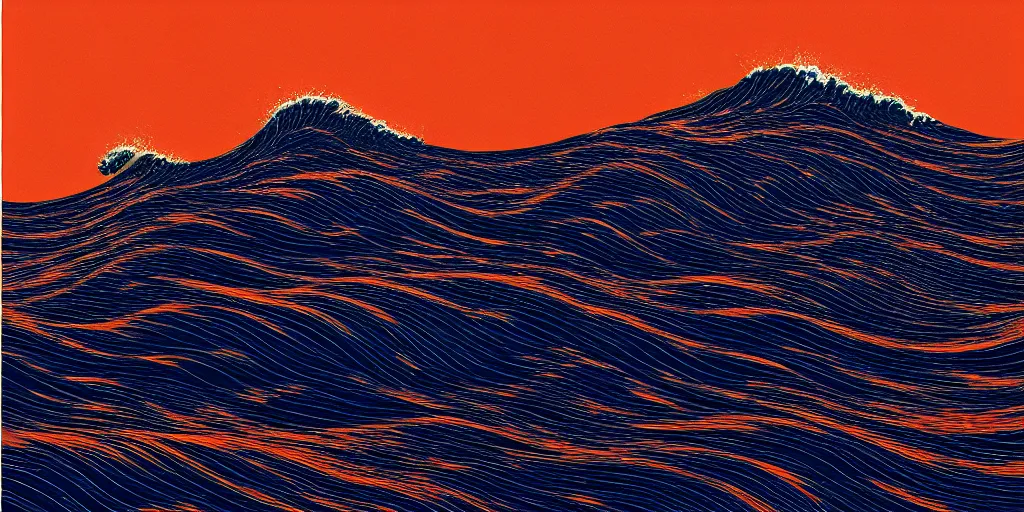 Image similar to ocean wave, mads berg, karolis strautniekas, film noir, stippled light, dramatic lighting, editorial illustration, detailed, fine texture, matte print, art deco, brutalism, dark blue + dark orange, red, black, ( ( habitat 6 7 background ) ) 1 0 2 4