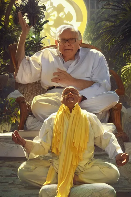 Prompt: warren buffet godly clothes meditating in the sun, yellow lighting ultra realistic photorealistic highly detailed high quality, a stunningly, digital painting, artstation, concept art, smooth, sharp focus, illustration, art by artgerm and greg rutkowski and alphonse mucha 8 k