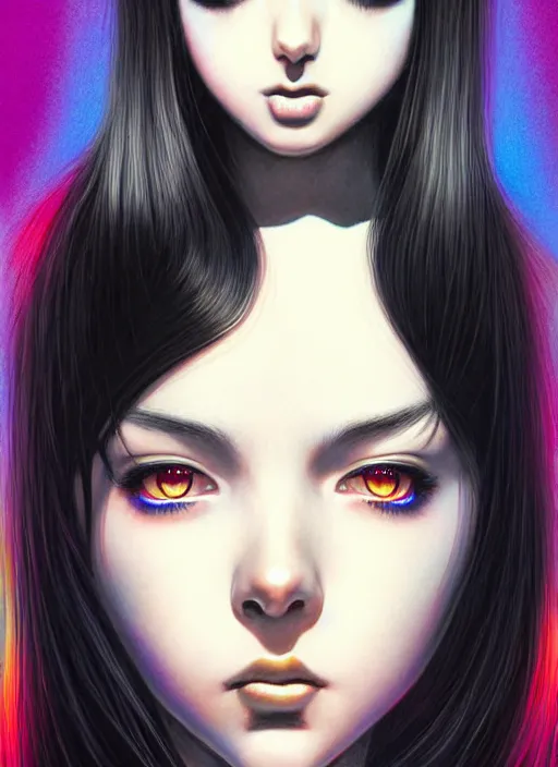 Image similar to richly detailed colored pencil 3 d illustration woman silky straight black hair with iridescence wearing nirvana logo tshirt and short black shorts, she staring at the camera happily art by range murata and artgerm.