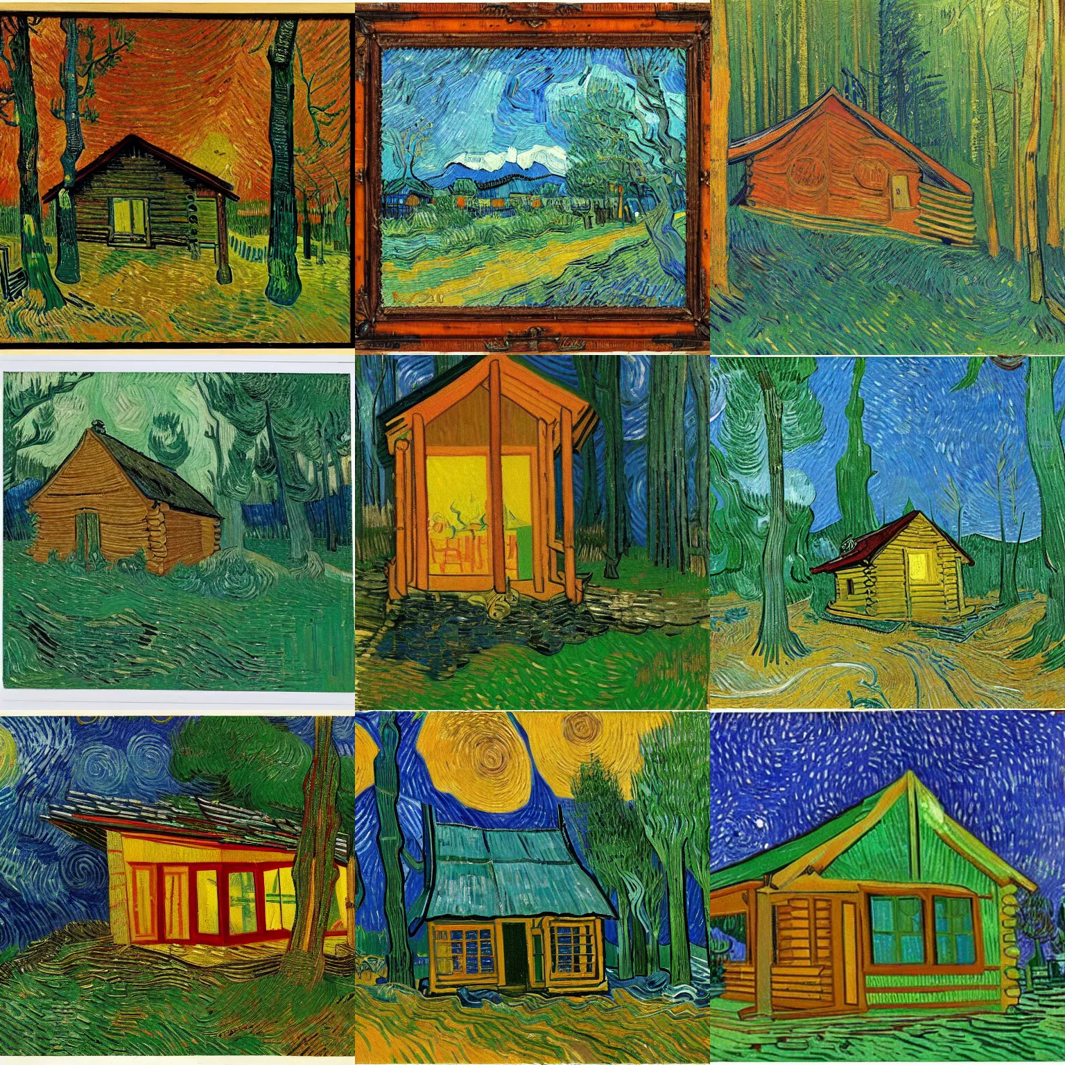 Prompt: [ a log cabin in the forest ] [ van gogh ] [ 1 9 6 0 s ]