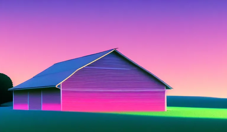 Image similar to a beautiful, sharp focus, and immaculate barn on the palouse. vaporwave ombre rendering. outrun style. trending on artstation. recommended for you behance. by chris moore. by edward hopper. beeple colors. ambient occlusion. digital matte painting. metropolis filmic. gotham city. overcast.