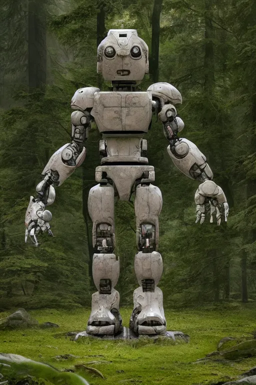 Image similar to A large robot stone statue in the middle of a forest by Greg Rutkowski, Sung Choi, Mitchell Mohrhauser, Maciej Kuciara, Johnson Ting, Maxim Verehin, Peter Konig, final fantasy , 8k photorealistic, cinematic lighting, HD, high details, atmospheric,