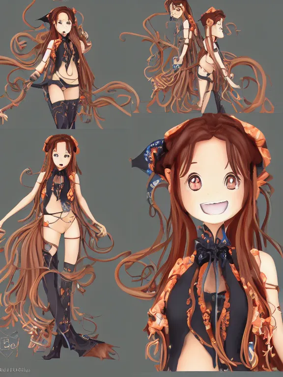 Image similar to A goodsmile anime figure Full shot of a cute mischievous young witch about to get up to some trouble with her playful snake familiar. Latin American fashion. Floral patterns. Black and Orange palette. Magic. Latina girl. brown skin. defined facial features, symmetrical facial features. Smiling. Key Art. Fantasy Illustration. award winning, Artstation, intricate details, realistic, Hyperdetailed, 8k resolution.