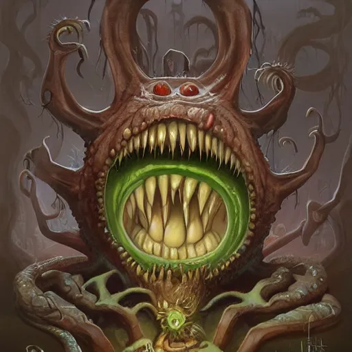 Prompt: nightmarish version of mike wazowski, eldritch horror, vile monster, sharp teeth in a gaping mouth, artwork by peter mohrbacher and eddie mendoza