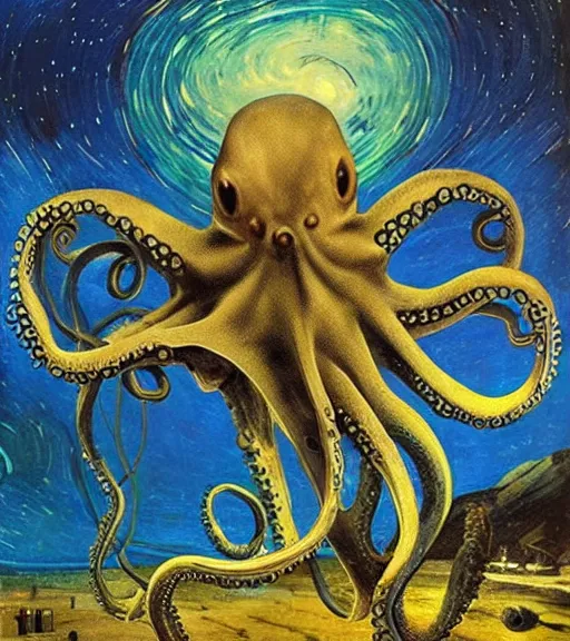 Image similar to a cybernetic realistic octopus giving a lecture in Cap de Creus, Starry Night, Ethereal Scifi, detailed oil painting by Salvador Dali