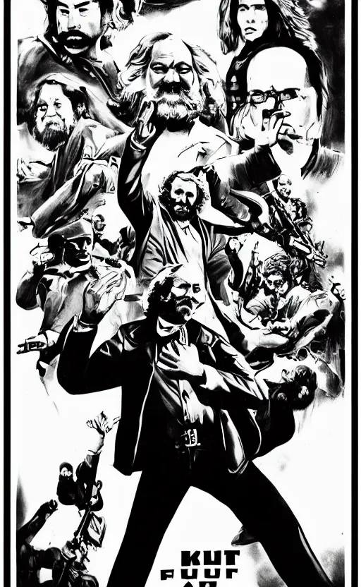 Image similar to full 70s action movie poster with Karl Marx in kung fu pose, drawing 4k, grainy picture cinematic dramatic light