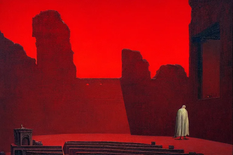 Image similar to only with red, a red melted emperor, taormina amphitheatre, crowd hails him, in the style of beksinski, parts by edward hopper, parts by rodcenko, parts by yue minjun, intricate and epic composition, red by caravaggio, insanely quality, highly detailed, masterpiece, red light, artstation, 4 k