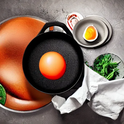 Image similar to a frying pan cooking a dinosaur egg. food magazine photograph.